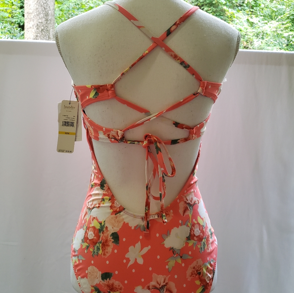 LAUNDRY By SHELLI SEGAL Flower Lace-Up Swimsuit Coral Size Medium Brand New NWT